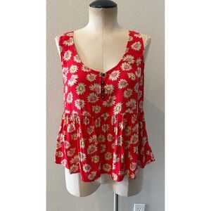 Forever 21 Women's Medium Red Daisy Floral Sleeveless Peplum Tank Top Boho